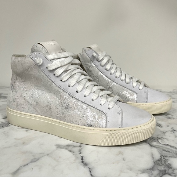 P448 Star High Tops White Leather Metallic Silver Woman’s Size 38 US 7.5/8 - Picture 1 of 13